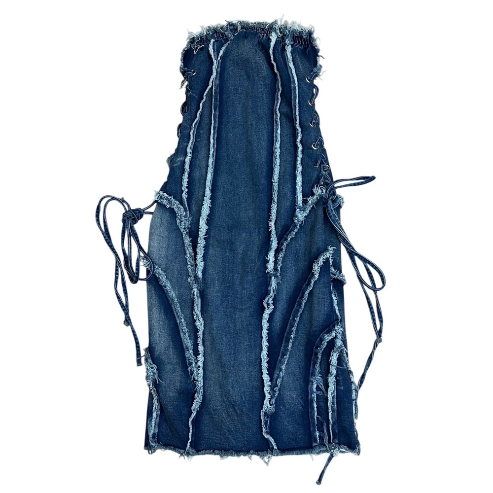 Denim Mini Dress Distressed Lace Up Strapless baddie jean y2k grunge party
